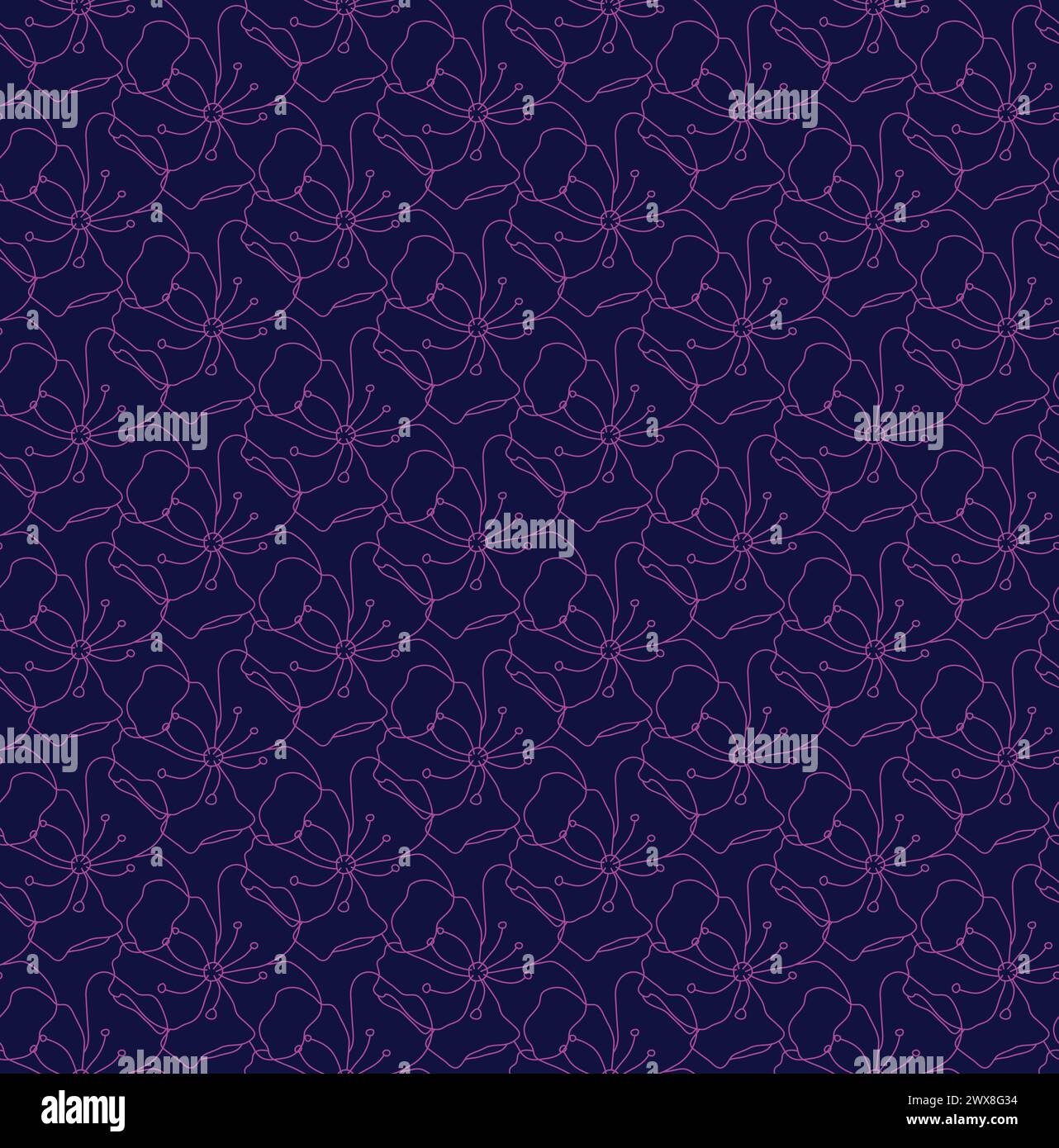 Dark Blue and Pink Abstract Outline Floral Pattern Background Stock Vector