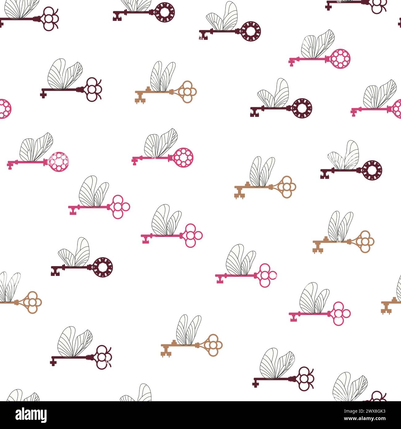 Seamless pattern with magic keys with wings. Stock Vector