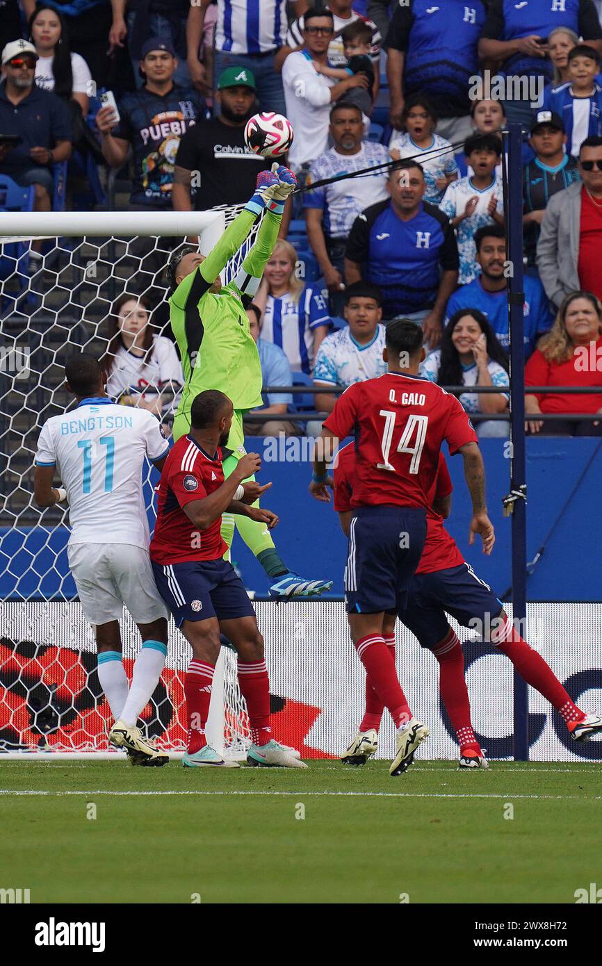 Arlington, United States. 23rd Mar, 2024. March 23, 2024, Frisco, Texas: Goalkeeper Keylor Navas #1 of Costa Rica punches the ball during Play-In Concacaf Nations League match between Costa Rica and Honduras at Toyota Stadium. Jamaica won 1-0. on March 23, 2024, Frisco, Texas. (Photo by Javier Vicencio/Eyepix Group/Sipa USA) Credit: Sipa USA/Alamy Live News Stock Photo