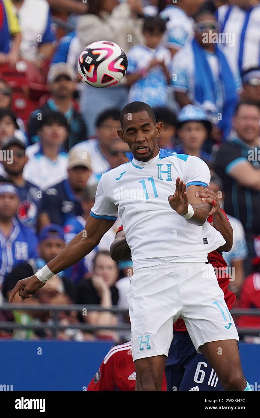 Arlington, United States. 23rd Mar, 2024. March 23, 2024, Frisco, Texas: Jerry Bengtson #11 of Honduras goes for the header during Play-In Concacaf Nations League match between Costa Rica and Honduras at Toyota Stadium. Costa Rica won 3-1. on March 23, 2024, Frisco, Texas. (Photo by Javier Vicencio/Eyepix Group/Sipa USA) Credit: Sipa USA/Alamy Live News Stock Photo