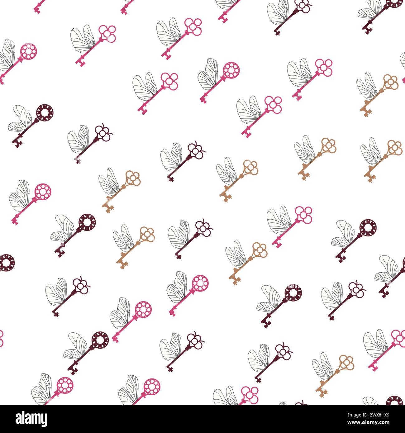 Seamless pattern with magic keys with wings. Stock Vector