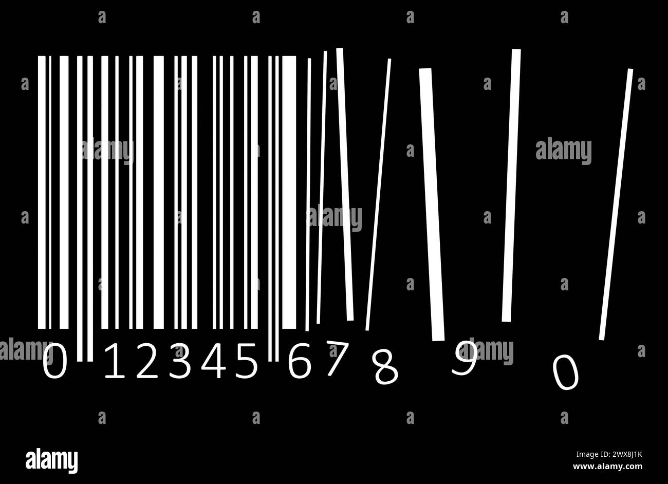 White bar code with EAN code breaking on black background. Abstract conceptual illustration. Stock Photo
