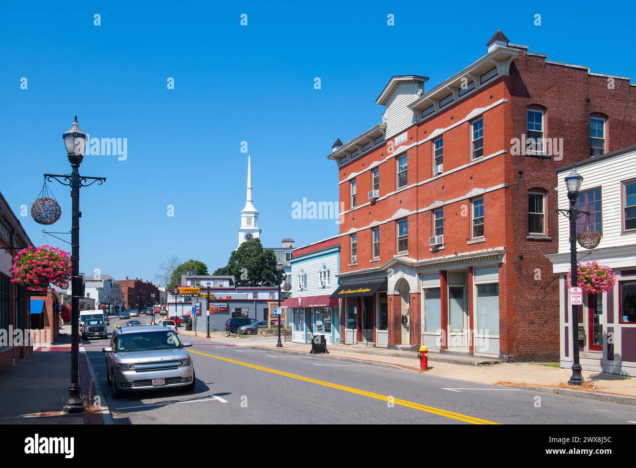 Historic commercial buildings on Main Street in historic town center of Hudson, Massachusetts MA, USA. Stock Photo