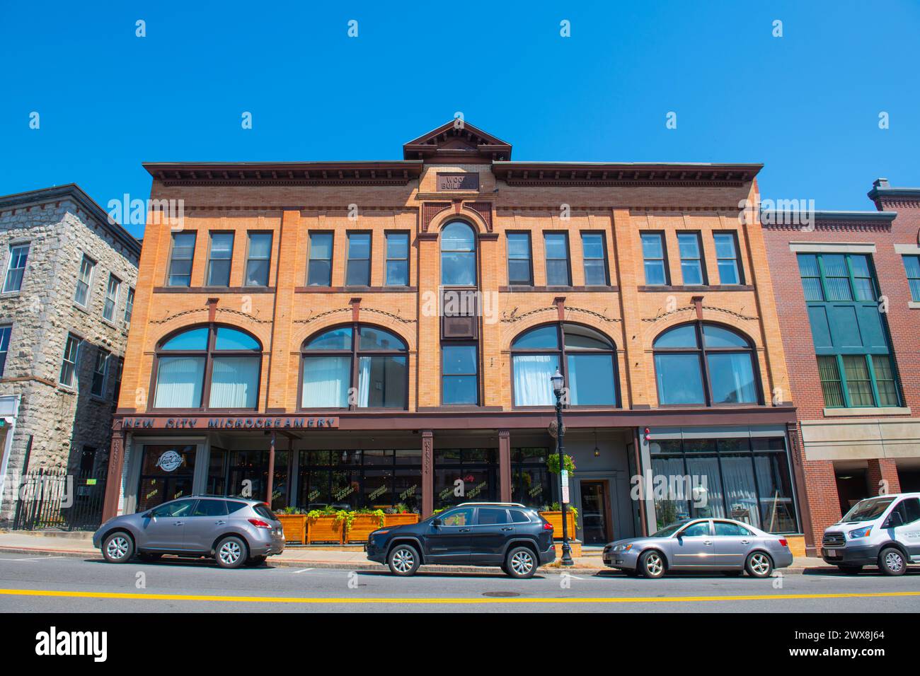 Wood Building on 28 Main Street in historic town center of Hudson, Massachusetts MA, USA. Stock Photo