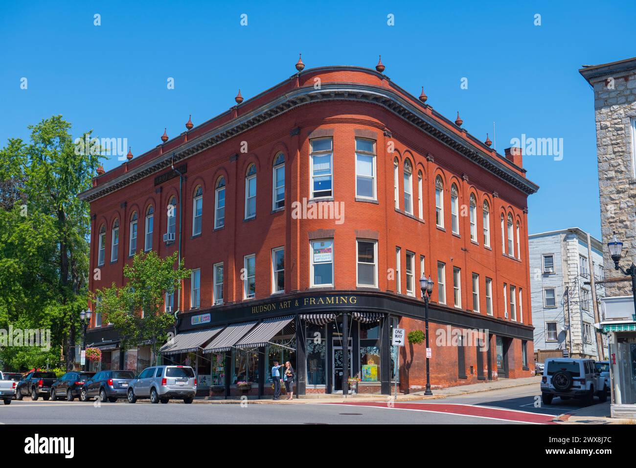 Historic commercial buildings on Main Street in historic town center of Hudson, Massachusetts MA, USA. Stock Photo