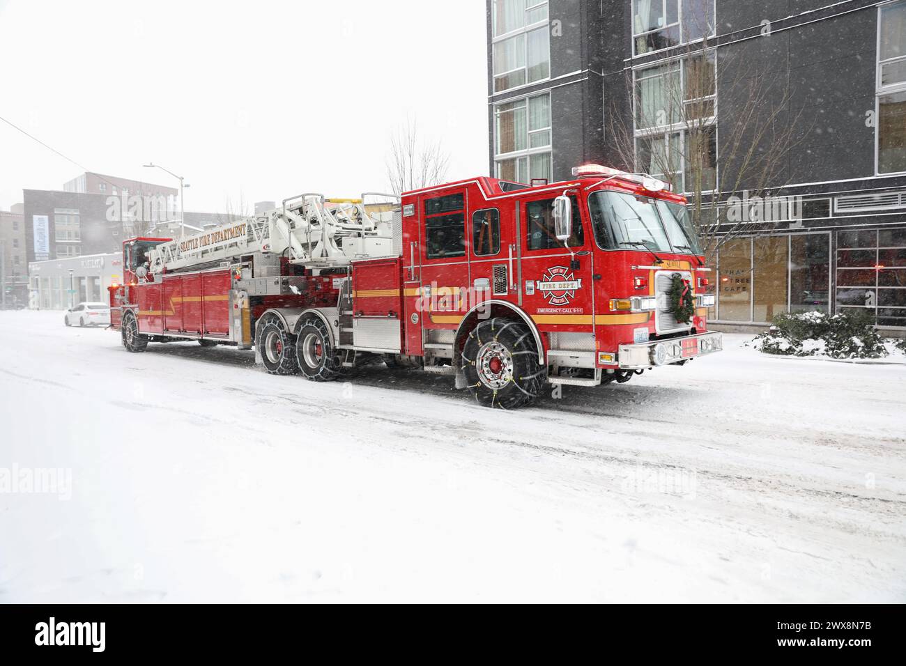 Firetruck in Snow Stock Photo