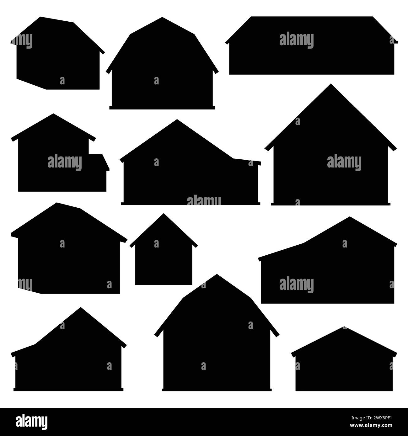 Big black barn silhouette set. Different farm houses or barns. Vector collection of illustration of wooden hand drawn buildings Stock Vector