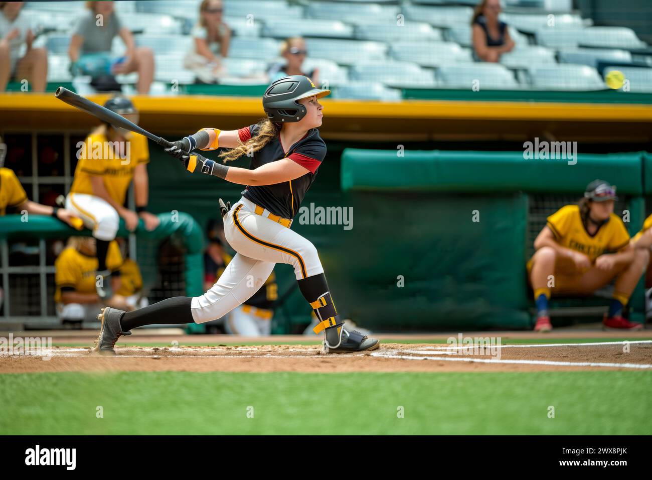 A Female Softball Player Is Batting At Home Plate Swinging Through The 