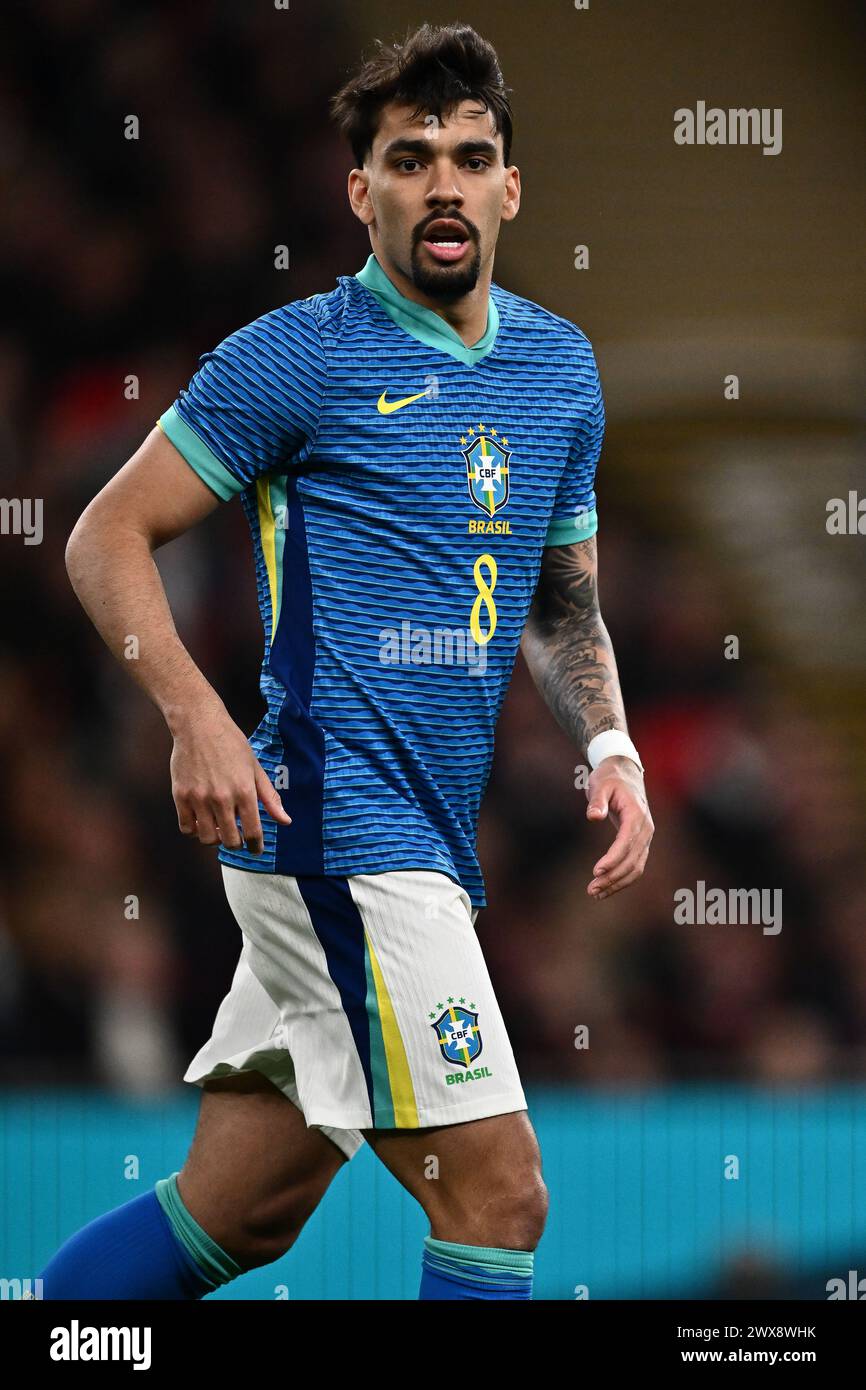 LONDON, ENGLAND - MARCH 23: Lucas Paqueta of Brazil looks on during the international friendly match between England and Brazil at Wembley Stadium on Stock Photo