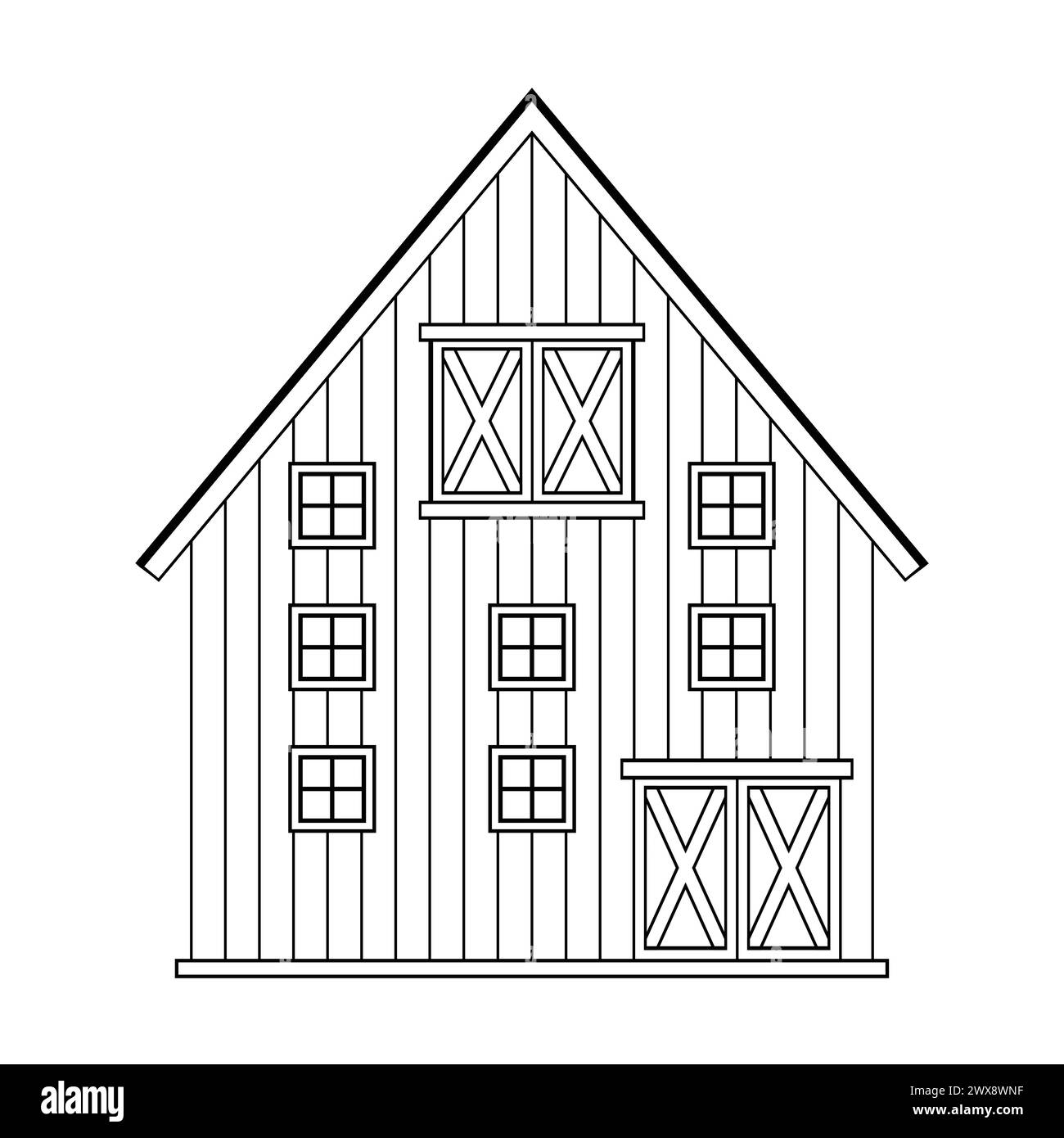 Black white monochrome line wooden barn. Isolated vector illustration on white background for coloring book Stock Vector