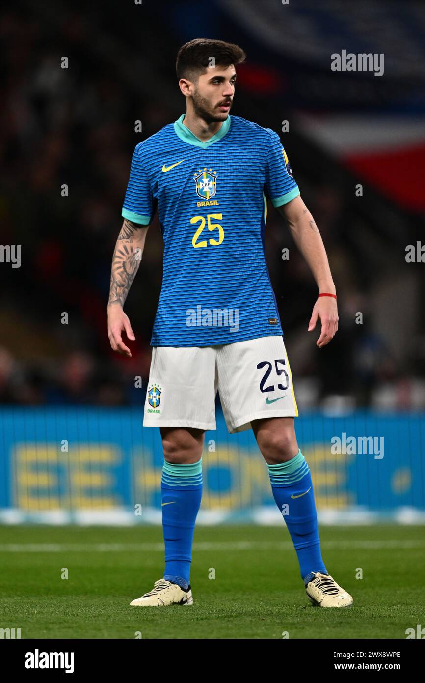 LONDON, ENGLAND - MARCH 23: Lucas Beraldo of Brazil during the international friendly match between England and Brazil at Wembley Stadium on March 23, Stock Photo