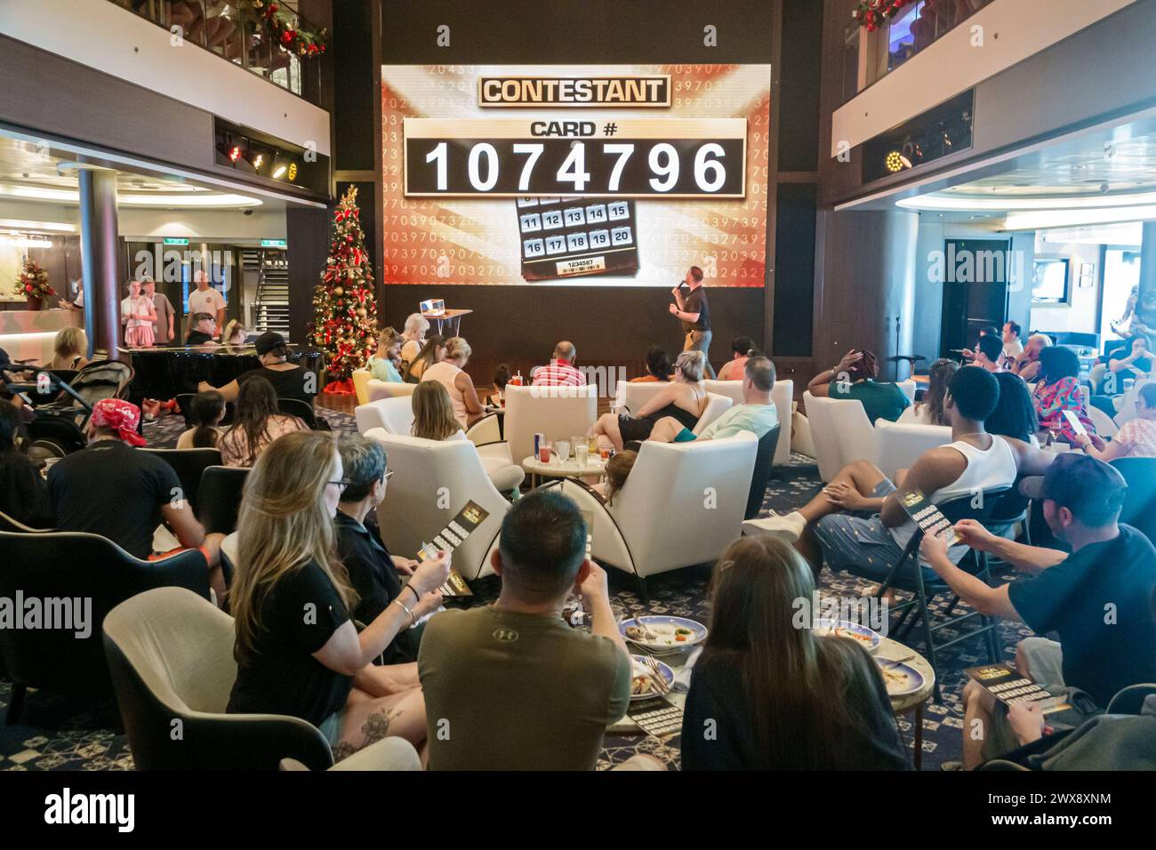 Miami Florida,PortMiami Port of Miami,onboard inside interior,Norwegian Joy Cruise Line ship,7-day Caribbean,The Atrium Deal or No Deal game show,pass Stock Photo