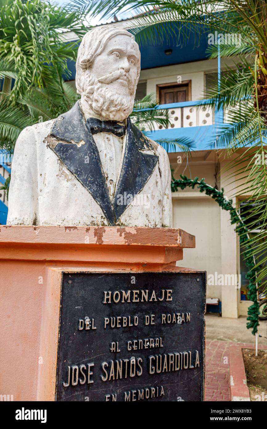 Port Roatan Honduras,Coxen Hole,Bay Islands,Main Street,Parque Central park,bust statue General Jose Santos Guardiola memorial,plaque Spanish language Stock Photo