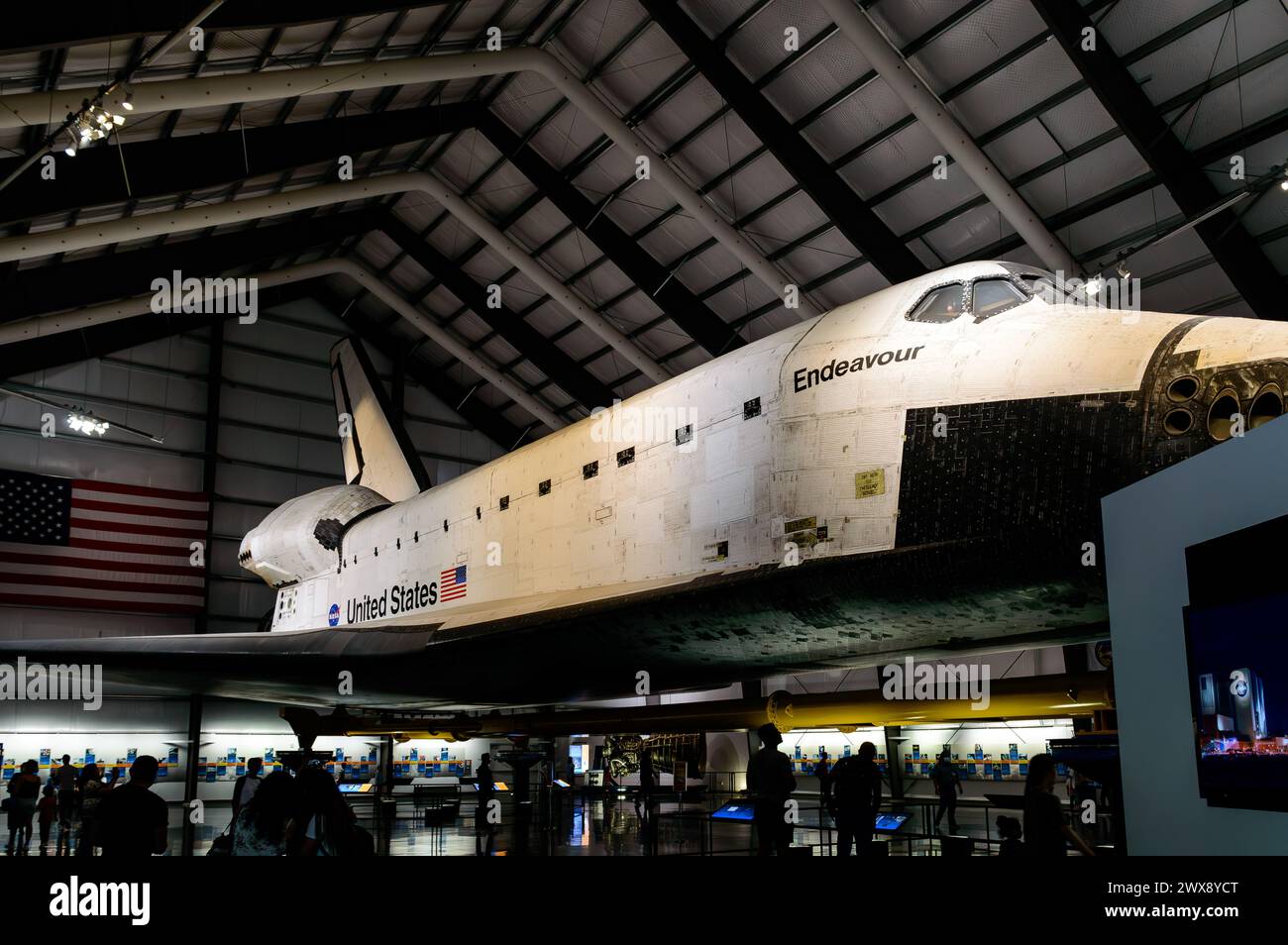 Side view from front of Space Shuttle Endeavour horizontally displayed at the California Science Center. Credit: Erik Morgan Stock Photo