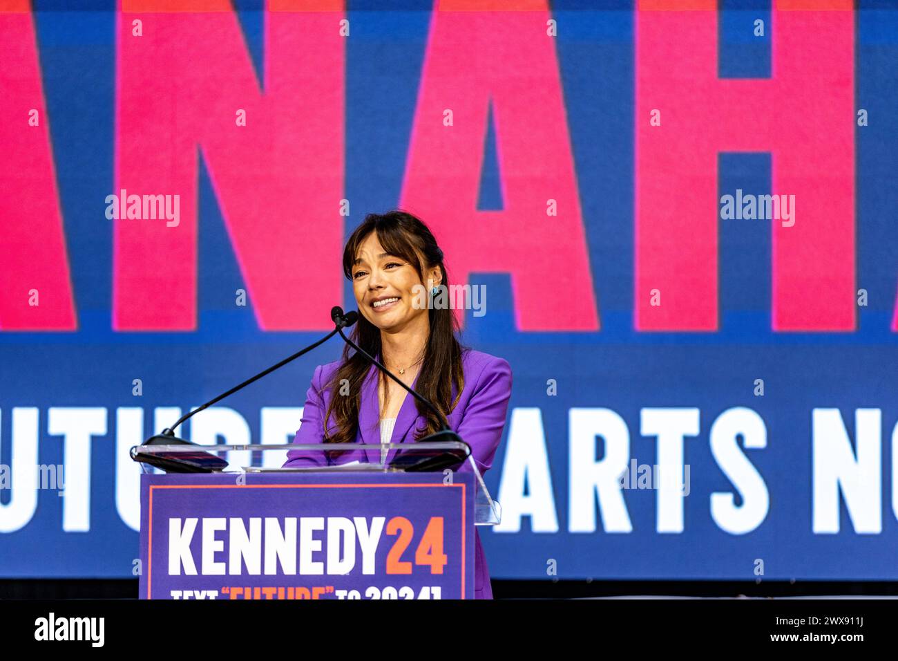 Nicole Shanahan speaks after she is introduced as the running mate to Independent presidential candidate Robert F. Kennedy at a campaign event in Oakl Stock Photo