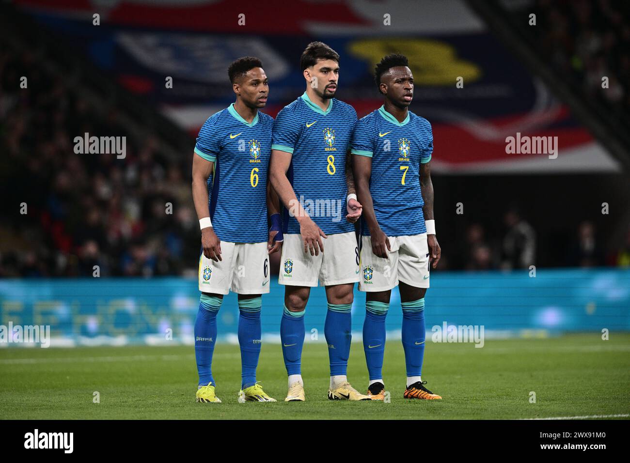 LONDON, ENGLAND - MARCH 23: Wendell, Lucas Paqueta, Vinicius Junior of Brazil during the international friendly match between England and Brazil at We Stock Photo