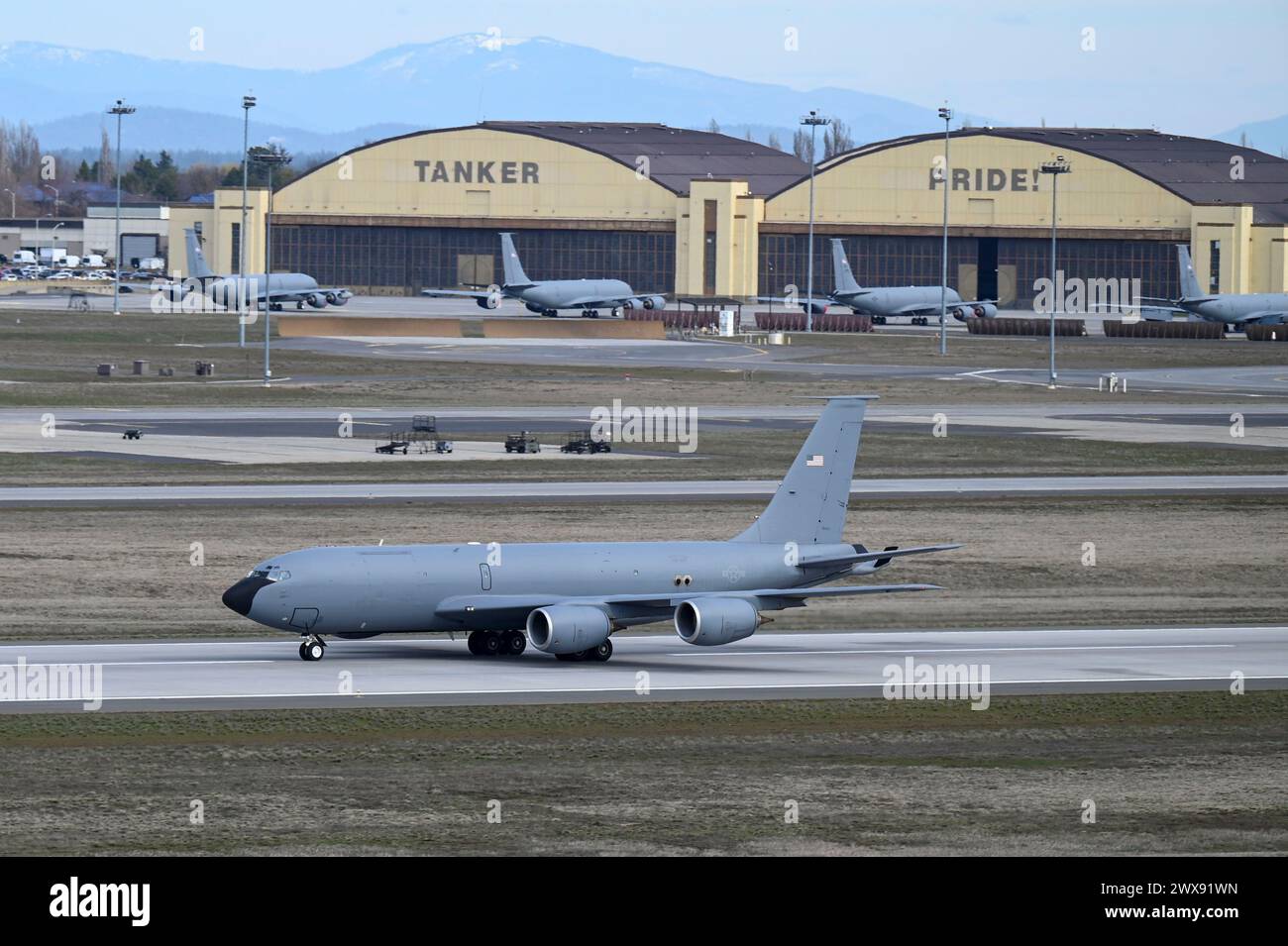 A KC135 Stratotanker assigned to the 92nd Air Refueling Wing takes off