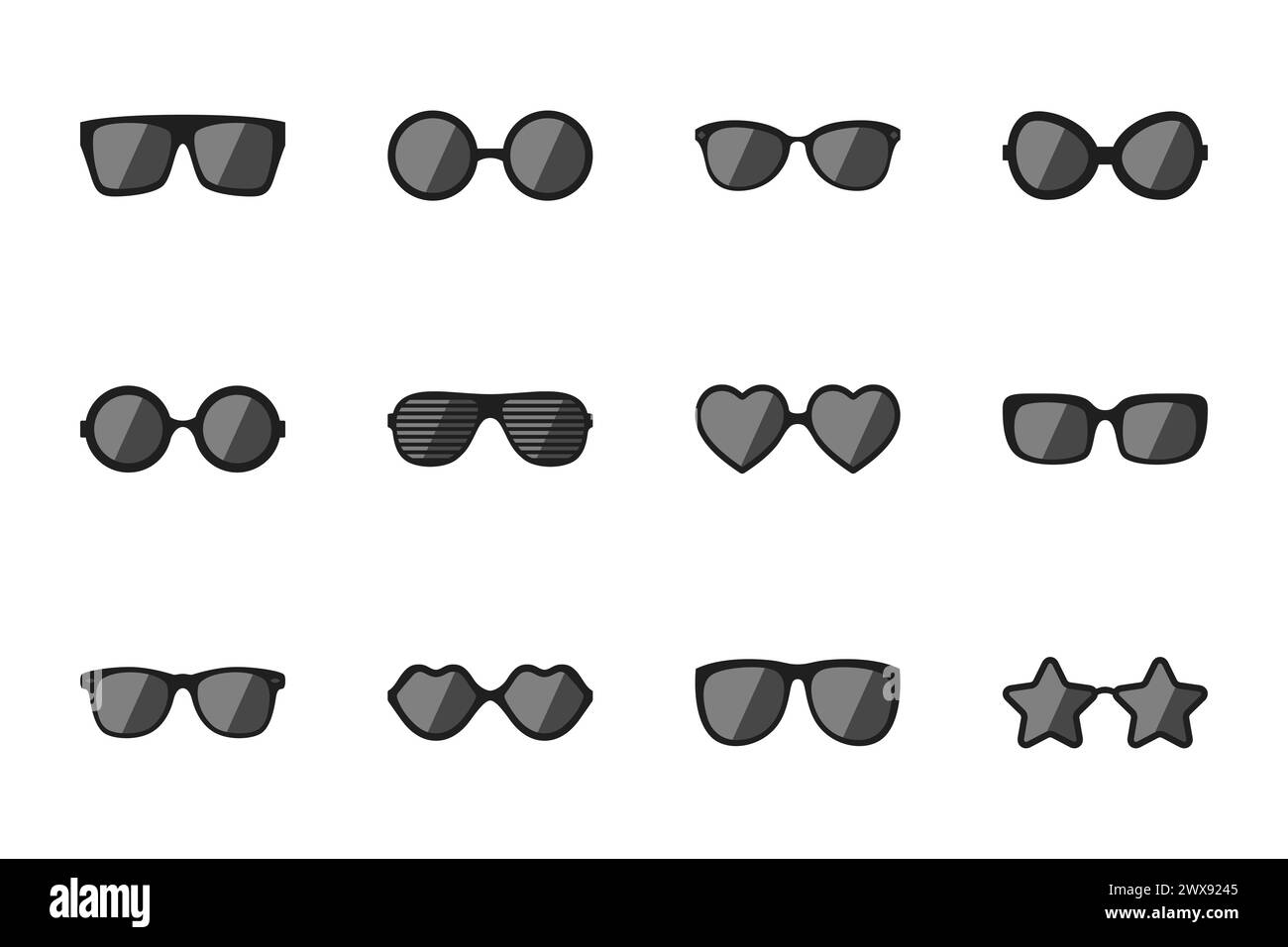 Vector Glasses Model Icons. Man, Women Frames, Different Shapes Sunglasses. Black Eyeglasses Isolated. Eyewear Silhouettes Stock Vector