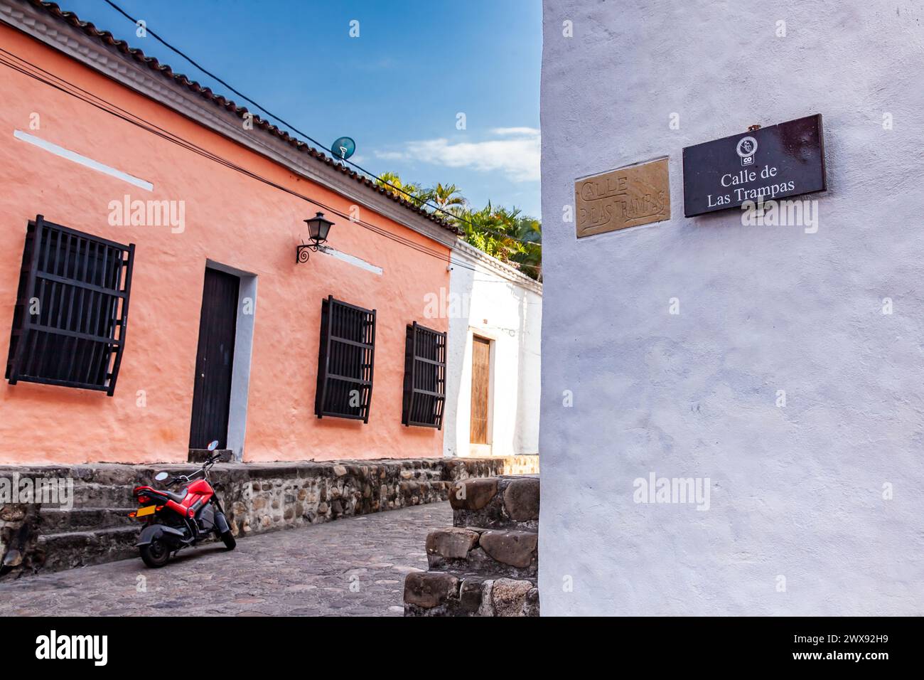 Corner of the famous historical street of traps located in the historic center of the heritage town of Honda in the department of Tolima in Colombia Stock Photo