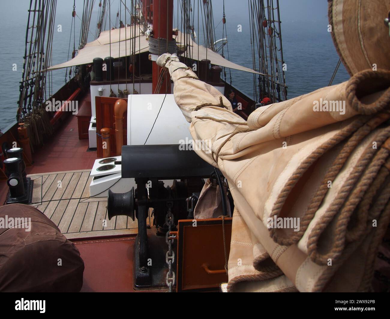 Ancon Bay, Peru. 28th Mar, 2024. Main deck of the Oosterschelde, a 165 feet long, and 100 years old magnificent schooner, flagship of theDARWIN200, a two-year planetary conservation mission aboard the sail ship wich arrived to the Bay of Ancón and Callao port in Peru, for conservation research and youth leadership programmes. Callao is the 12th of 30 ports to be visited during a 40,000  nautical mile voyage and conservation mission, retracing young Charles Darwin's famous journey on HMS Beagle 200 years ago Credit: Fotoholica Press Agency/Alamy Live News Stock Photo