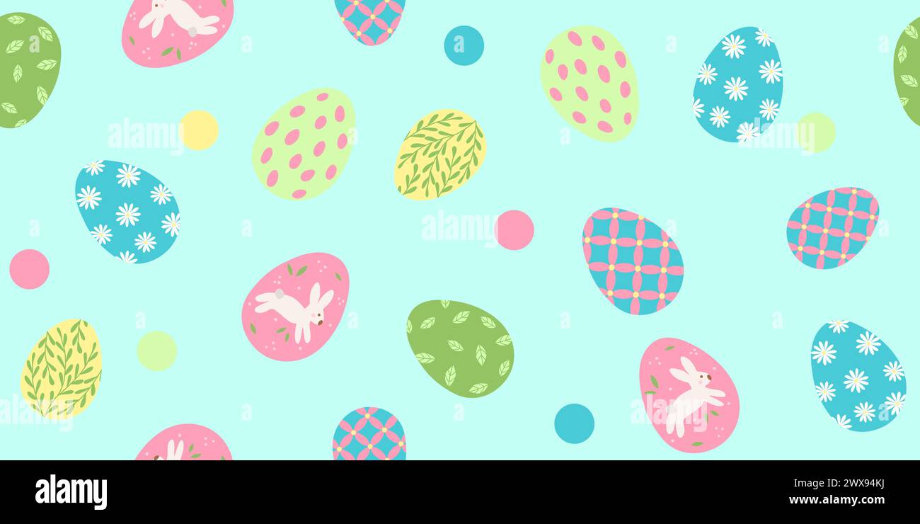 Blue background with a variety of colorful Easter eggs and dots. Larger and smaller eggs are scattered throughout the background, seamless pattern, vector illustration Stock Vector