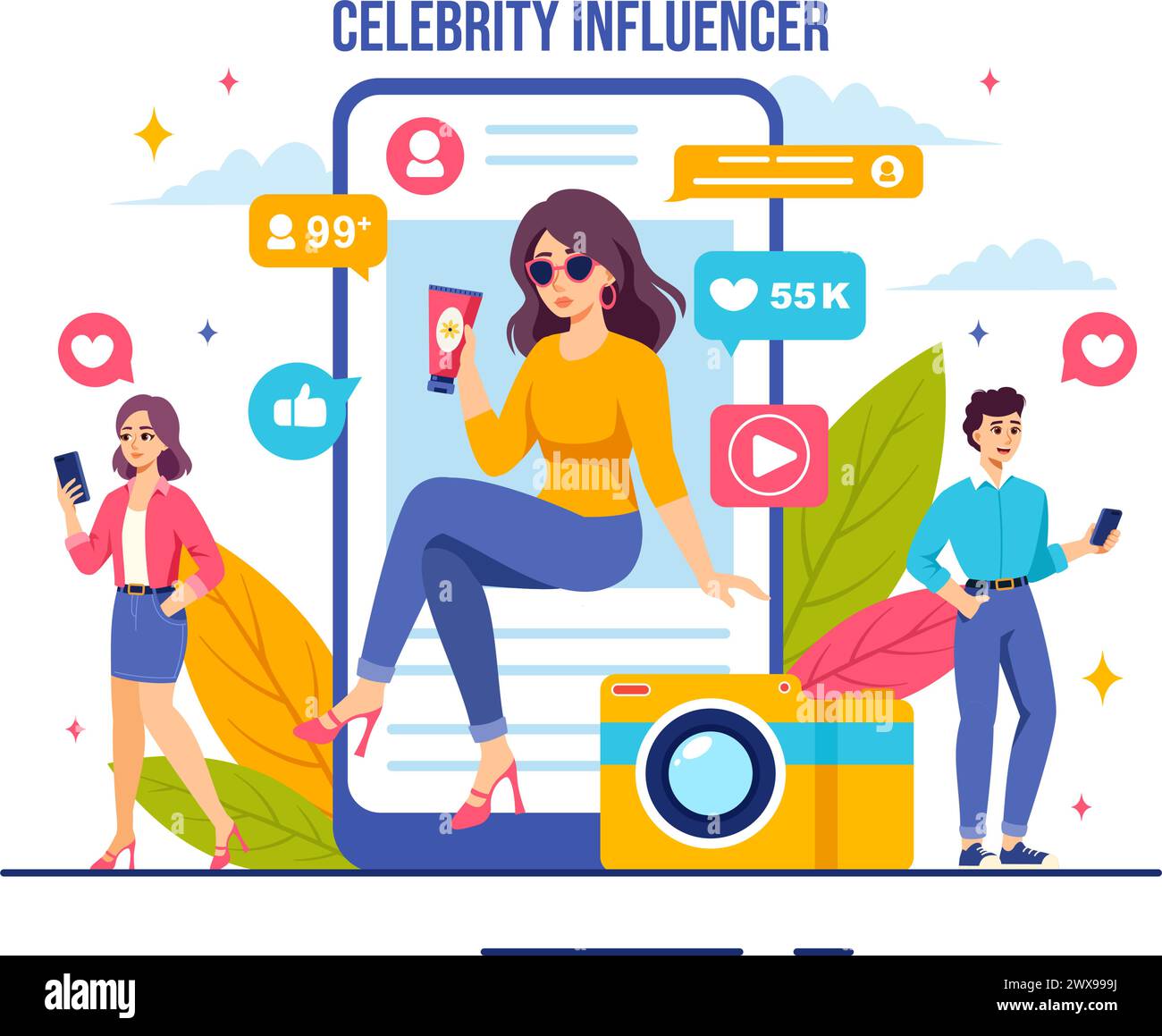 Celebrity Influencers Vector Illustration with Posts on Internet for Advertising Marketing, Daily Life or Endorse in Flat Cartoon Background Stock Vector