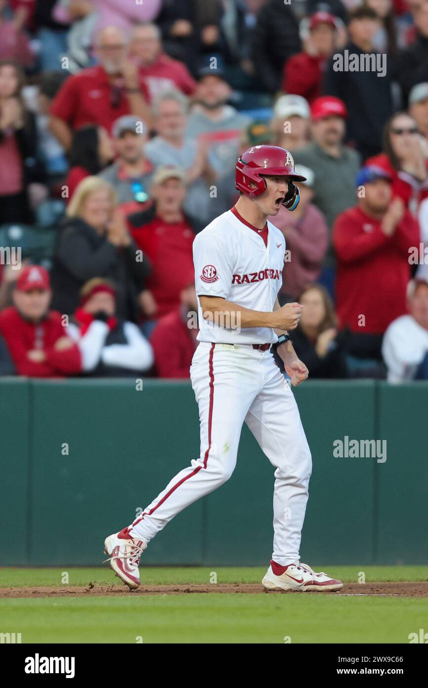 March 28, 2024: Razorback base runner Ty Wilsmeyer #1 pumps his fist after rounding third base. Arkansas defeated LSU 7-4 in Fayetteville, AR. Richey Miller/CSM Stock Photo