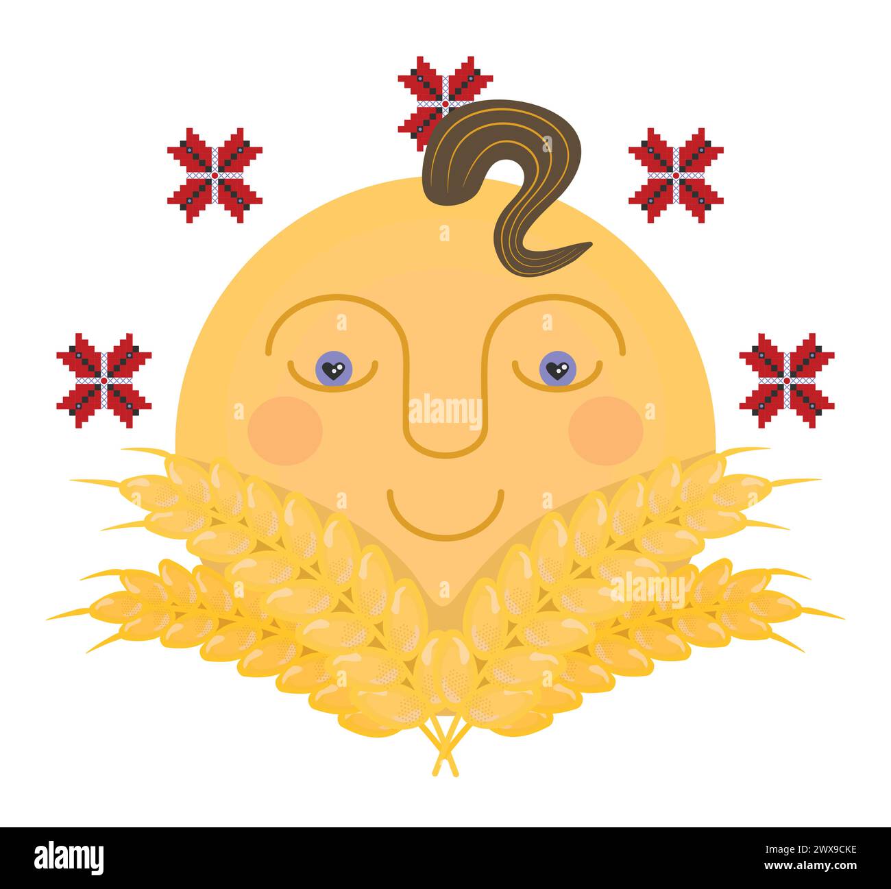 Ears of wheat, embroidery flowers and sun. Vector Ukrainian print in yellow and red colors Stock Vector