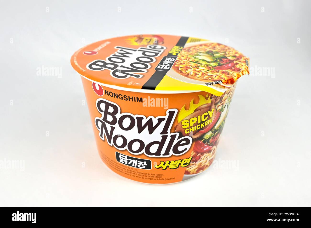 Nongshim Bowl Noodle Spicy Chicken - Wales, UK - 23 March 2024 Stock Photo