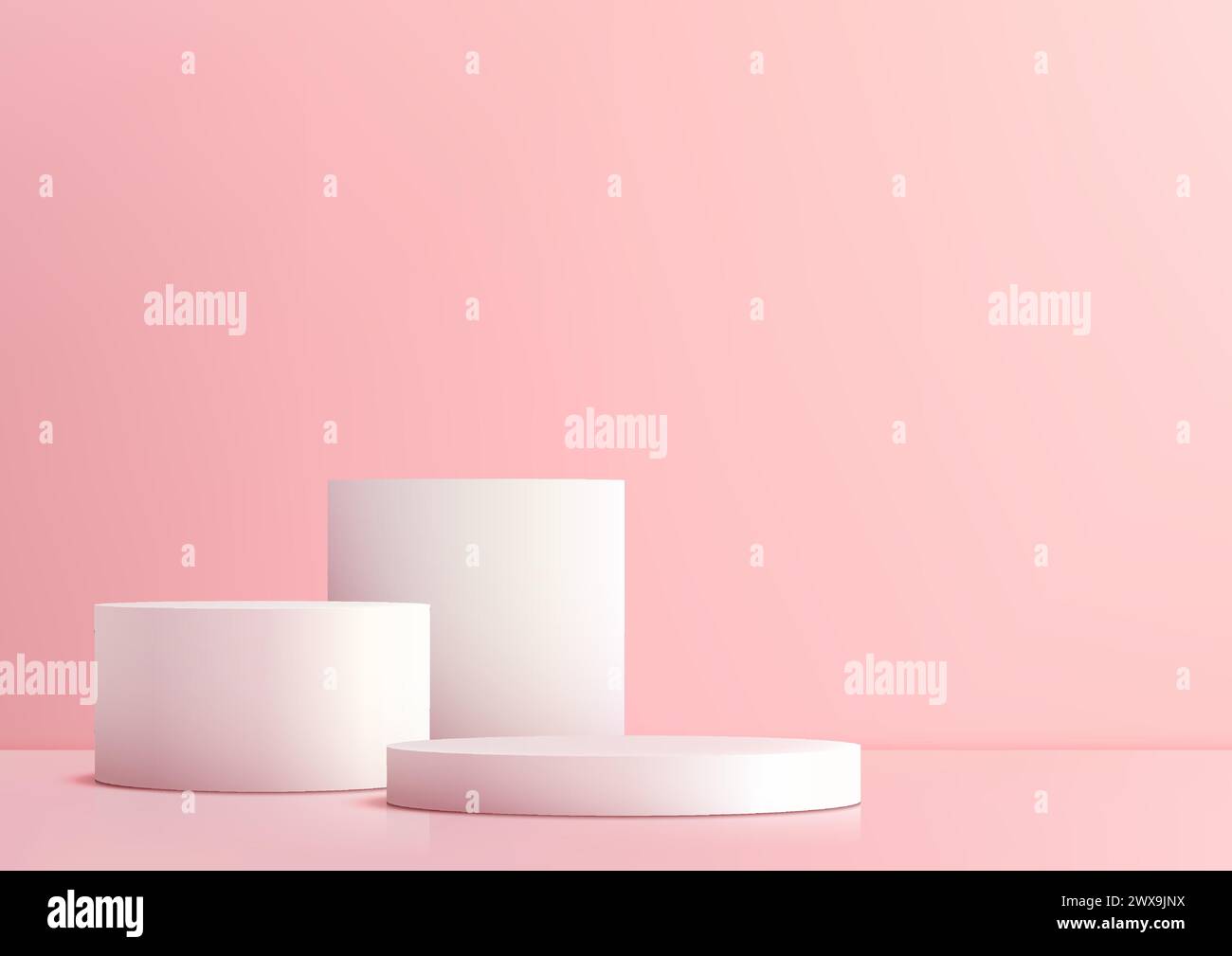 3D three white cylindrical podium pedestals stand on a soft pink ...