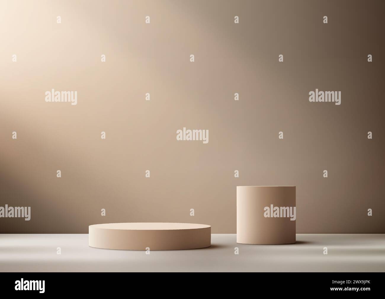 3D two beige cylinders on a light-colored floor with a shadowed wall behind them background with light beam. Vector illustrator Stock Vector