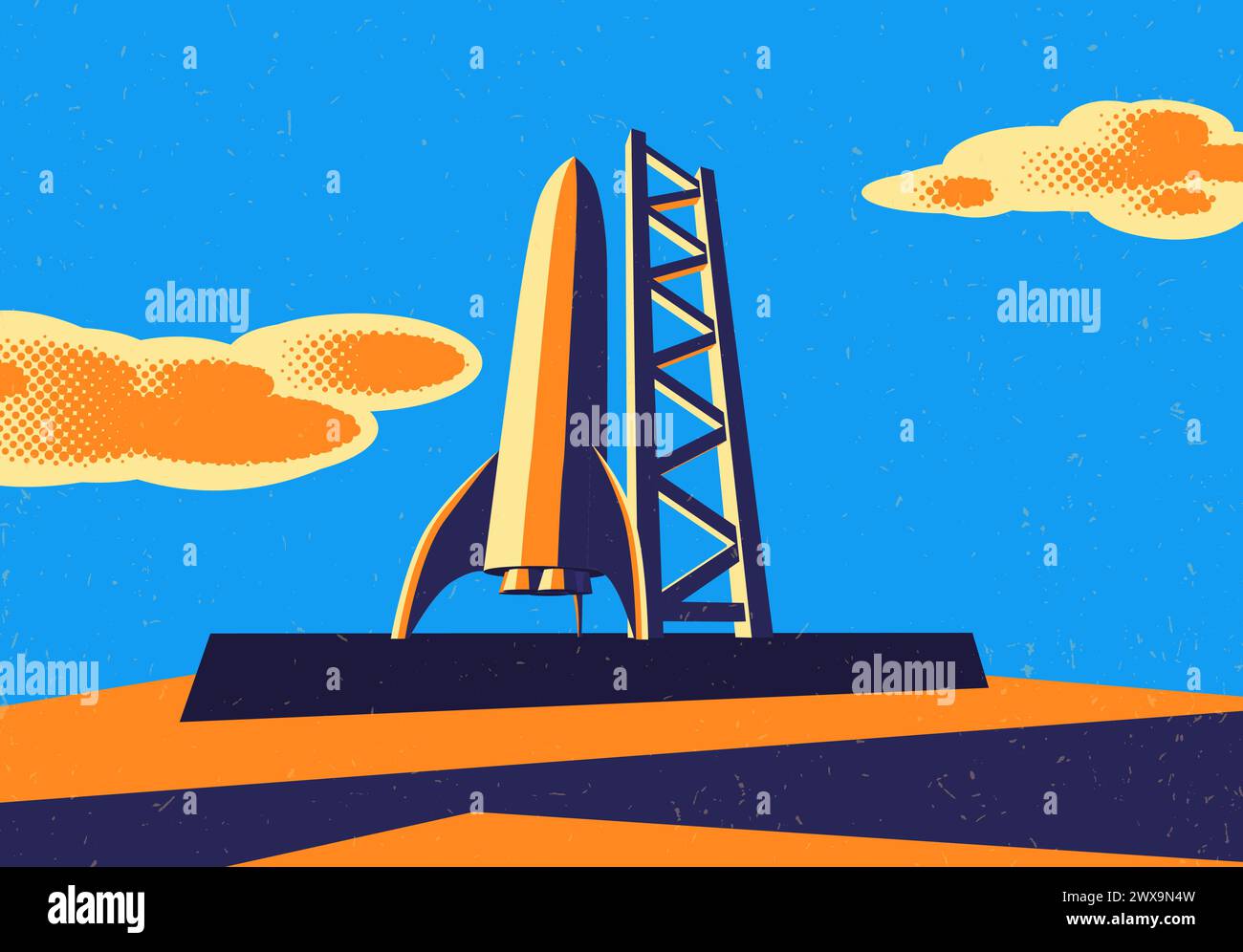 Rocket ready to take off on launch site. Retro styled sci-fi spaceship science concept Stock Vector