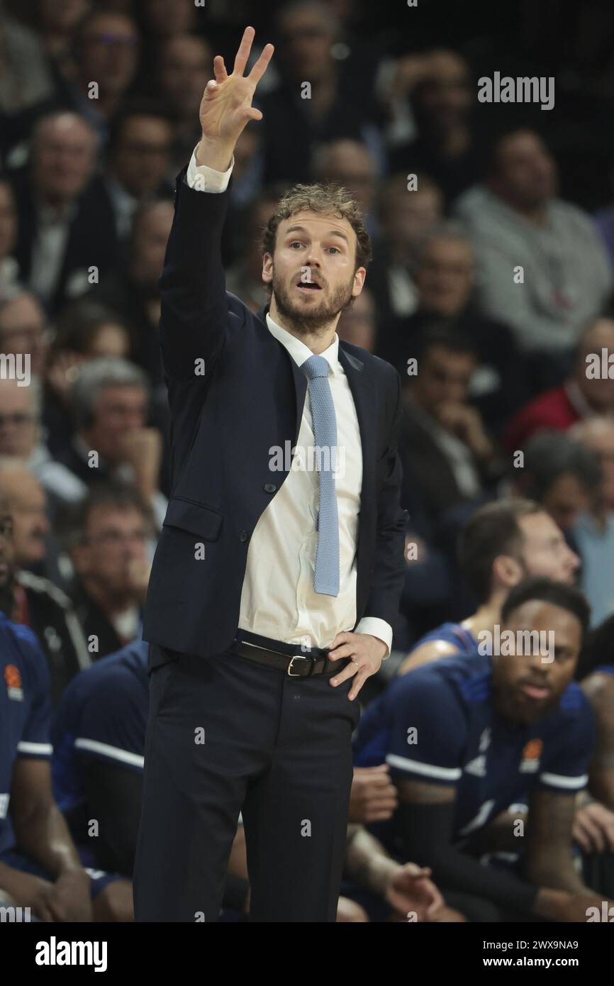 Coach of ASVEL Pierric Poupet during the Turkish Airlines EuroLeague basketball match between LDLC ASVEL Villeurbanne and AS Monaco on March 28, 2024 at LDLC Arena in Decines-Charpieu near Lyon, France Stock Photo