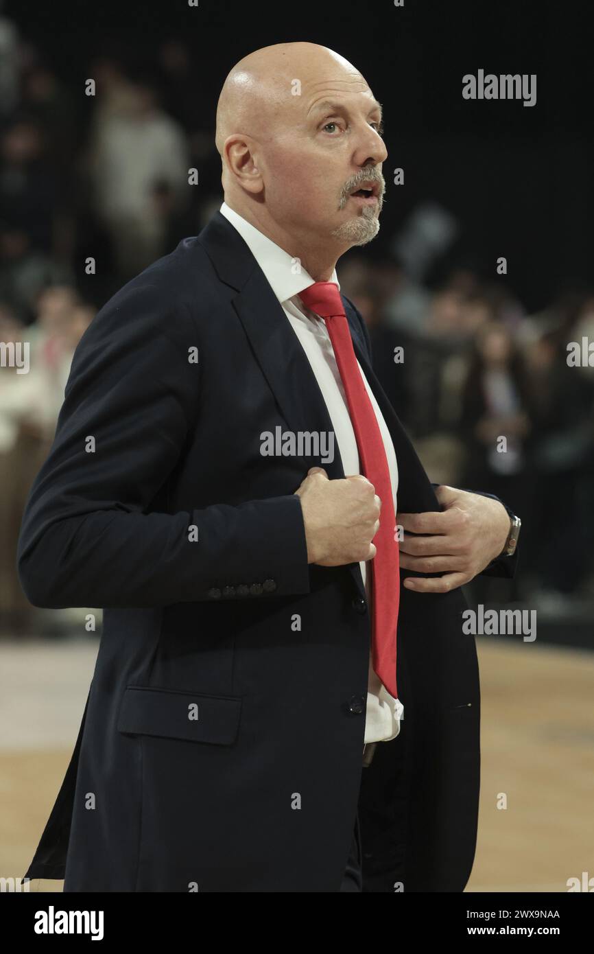 Coach of Monaco Sasa Obradovic during the Turkish Airlines EuroLeague basketball match between LDLC ASVEL Villeurbanne and AS Monaco on March 28, 2024 at LDLC Arena in Decines-Charpieu near Lyon, France Stock Photo