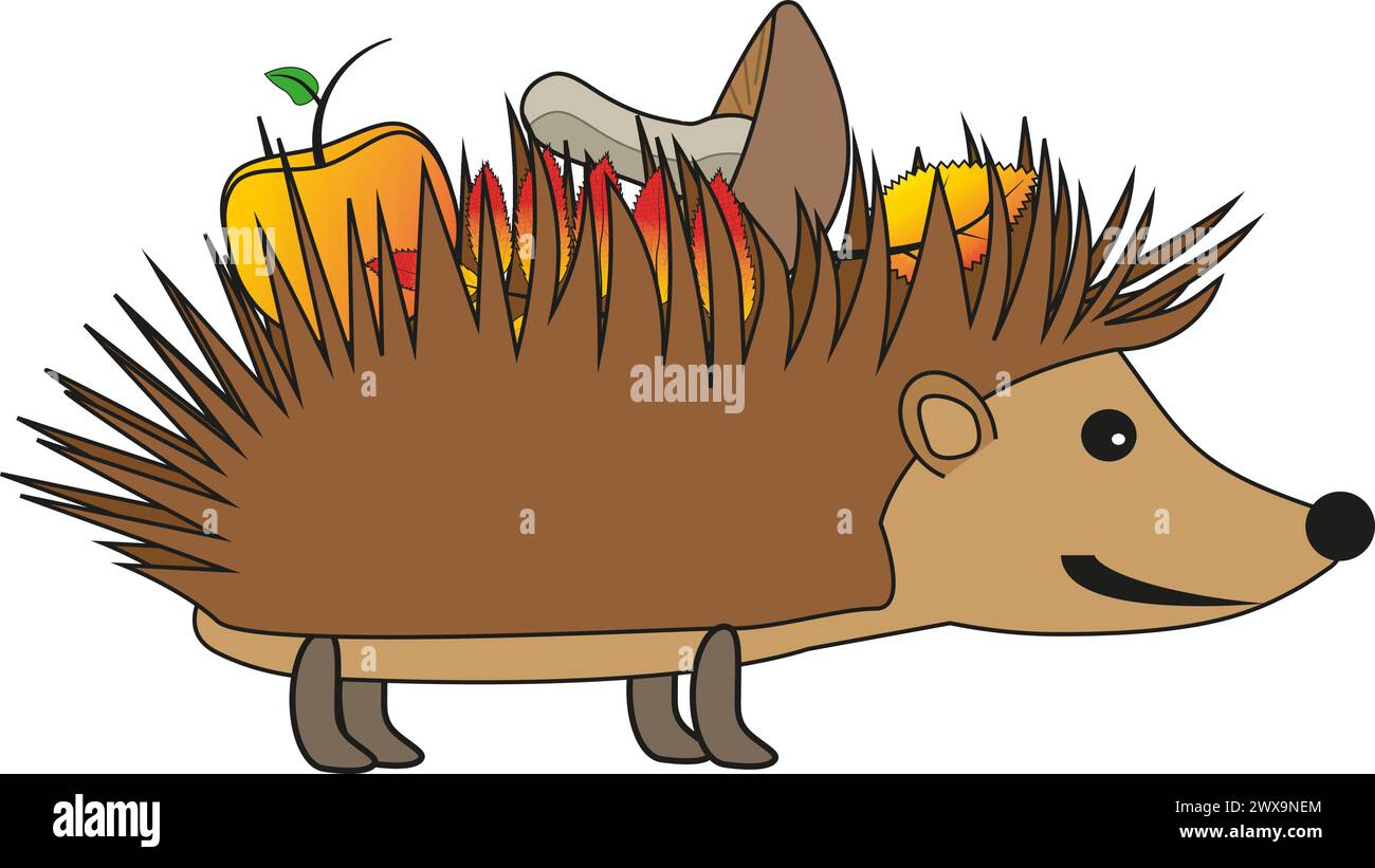 Autumn hedgehog with apple, fall leaves and mushroom, fall. Vector color drawing Stock Vector