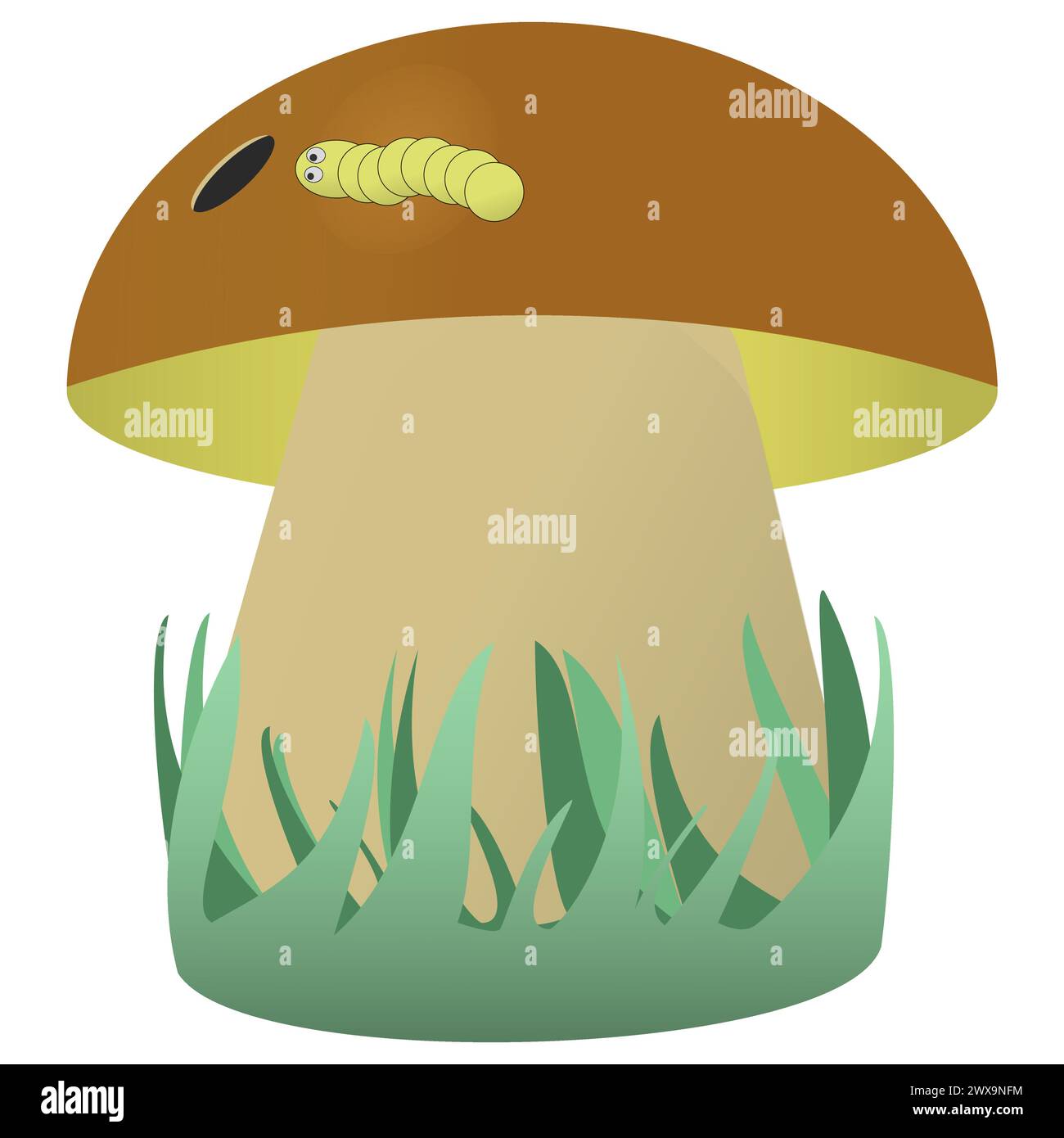 Mushroom in the grass with a worm on the cap, fall. Vector color drawing Stock Vector