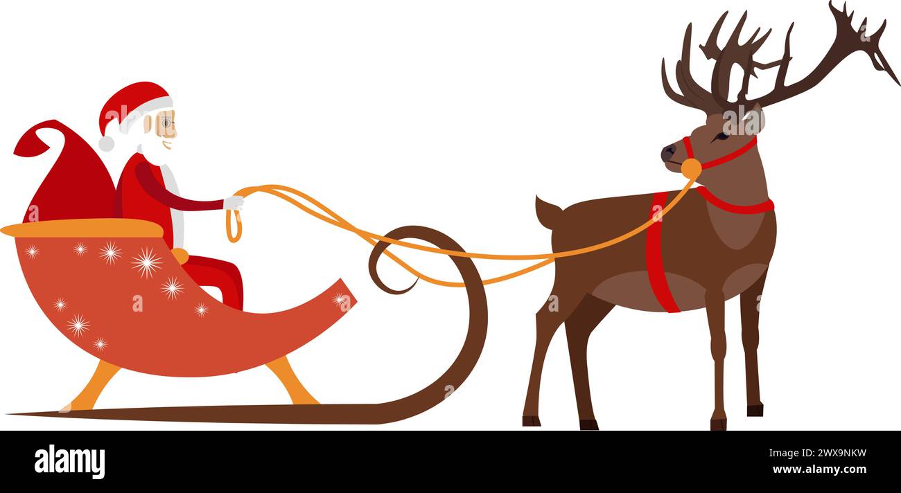 Santa clause with christmas gifts riding sleigh pulled by reindeer ...