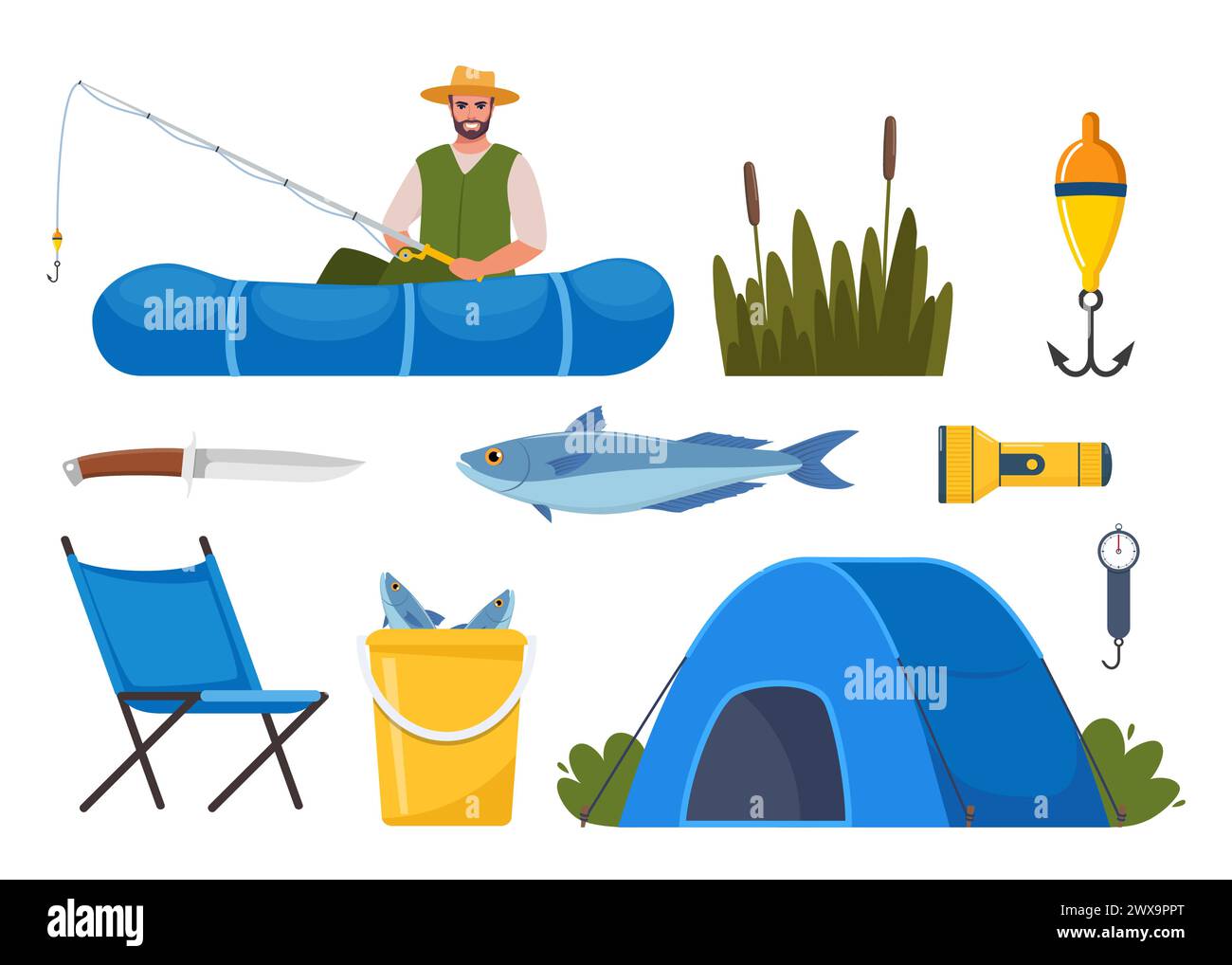 Equipment and tools for fishing. Fishing rod, float, inflatable rubber