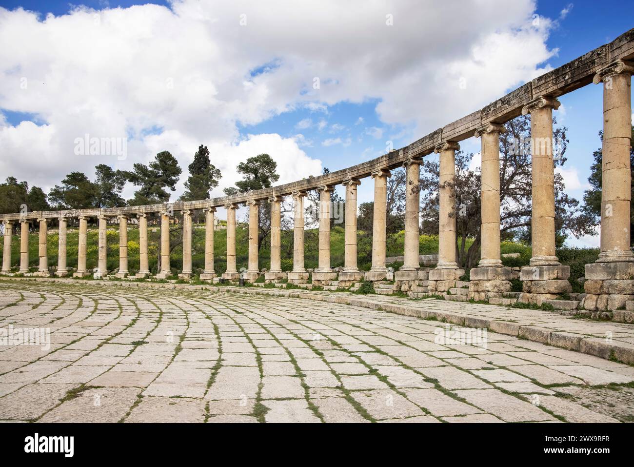 columns around the forum in the greco roman ruins of jerash in jordan Stock Photo