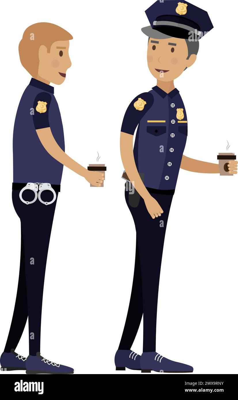Patrol officers walking drinking coffee vector icon isolated on white Stock Vector
