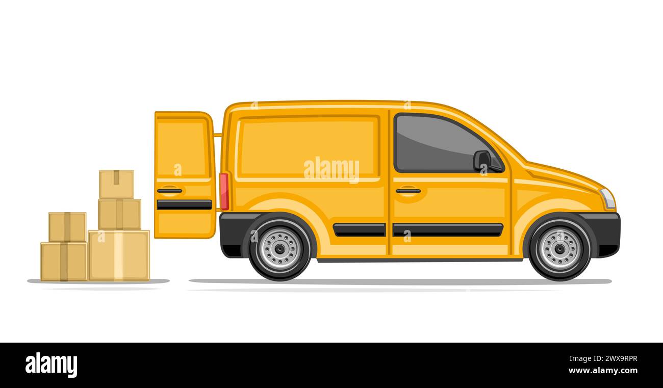 Vector illustration of Small Delivery Van, horizontal poster with profile side view commerce van with open back door and carton boxes stack, orange po Stock Vector