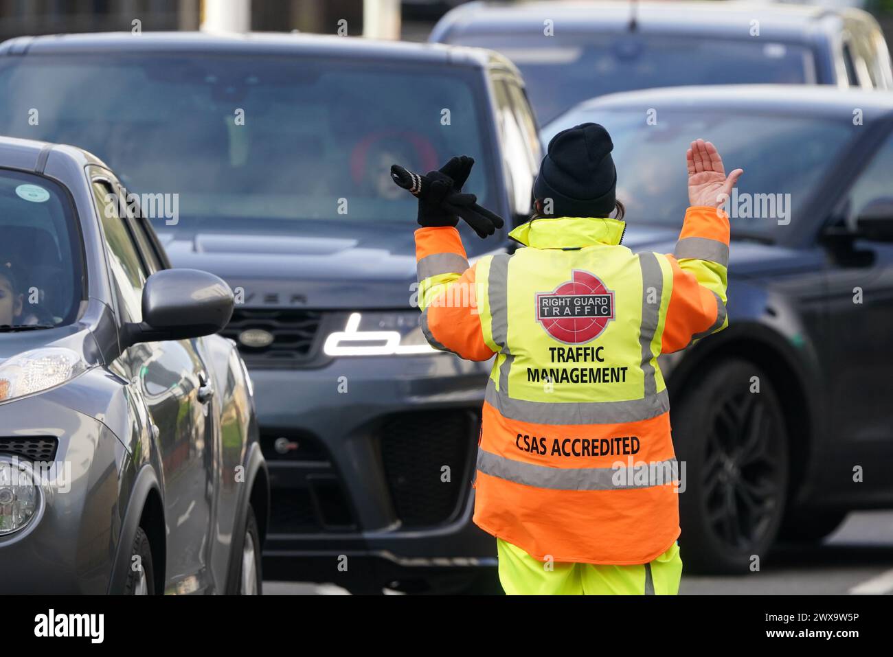 Traffic management in Dover for cars, coaches and lorries as they queue ...