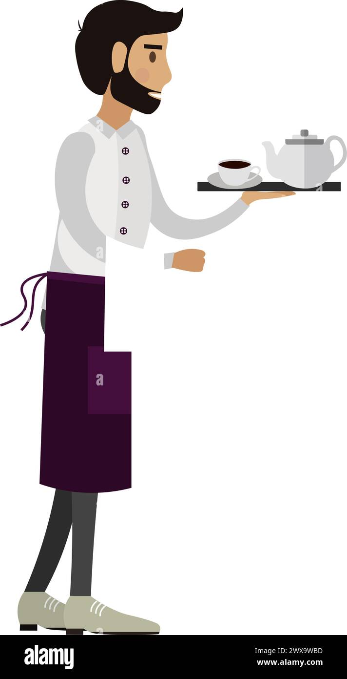 Waiter bringing hot tea on tray vector icon isolated on white ...