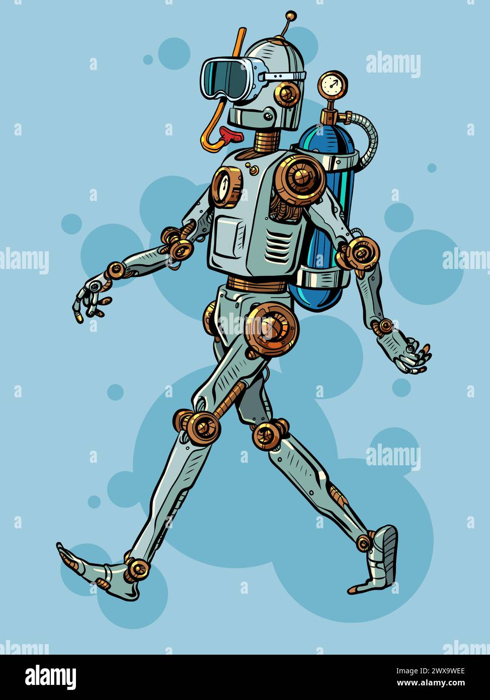 Vintage robot comes with scuba gear. Vacation selection recommendation system. Mesanisms for studying the deep sea. Pop Art Retro Vector Illustration Stock Vector