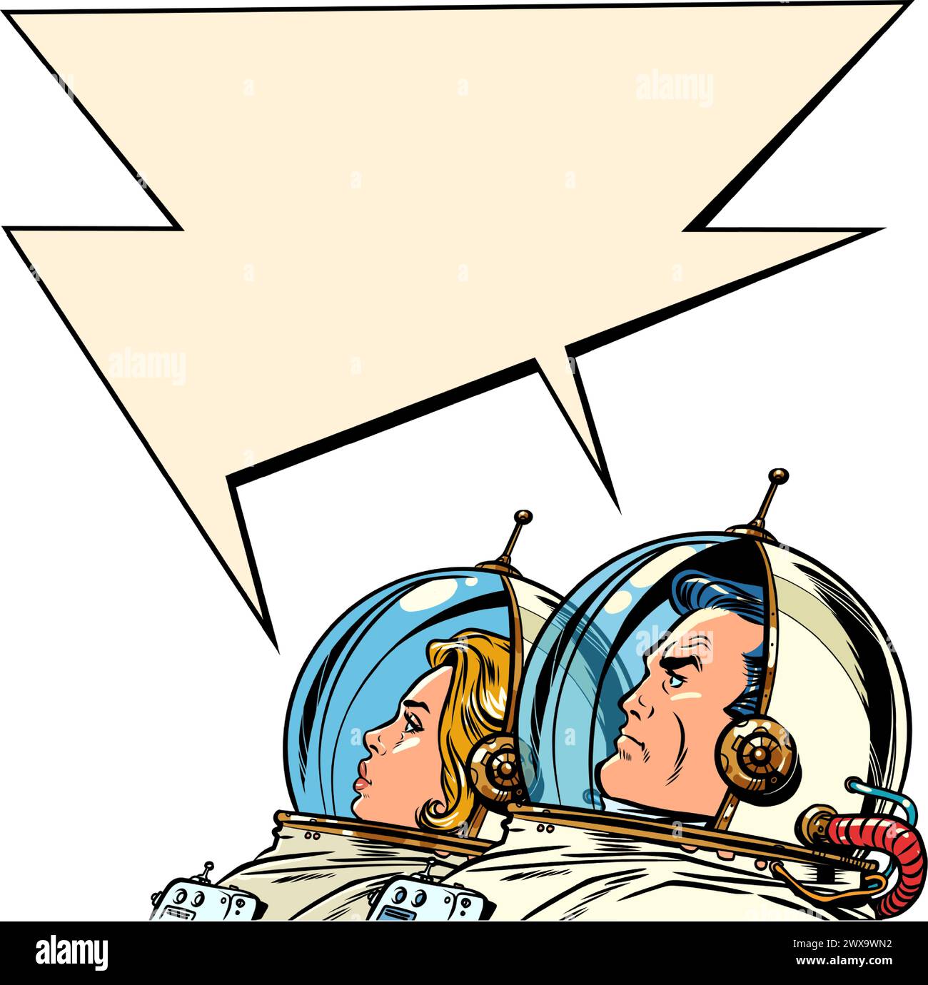 The astronauts communicate with each other in comic style. Cooperation in space exploration. Cosmic discounts on Black Friday. Pop Art Retro Vector Il Stock Vector