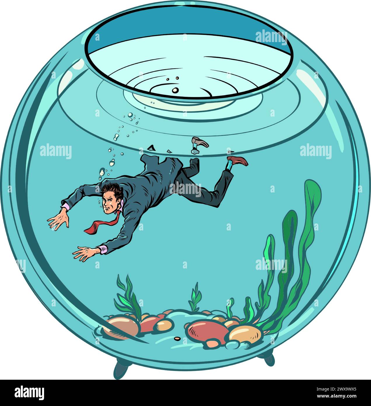 Choking from the amount of work in the office. Hard workdays without rest. A man in a suit swims inside an aquarium. Pop Art Retro Vector Illustration Stock Vector