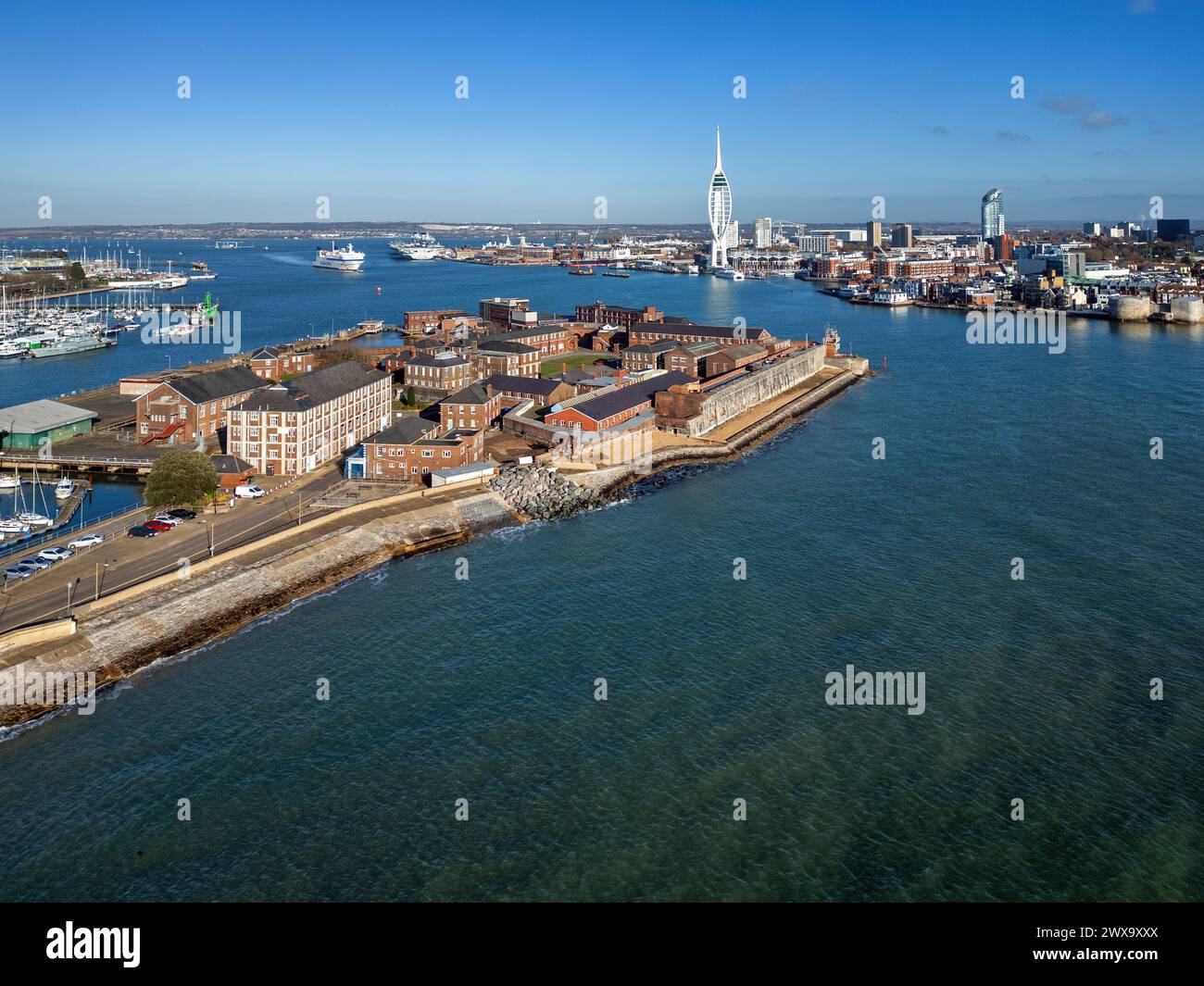 An aerial view of Portsmouth Harbour with Fort Blockhouse in Gosport in the foreground. Stock Photo