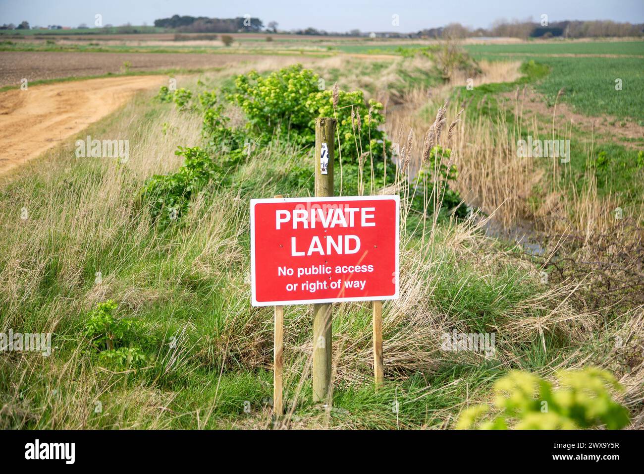 Private Land  No public access or right of way sign, in countryside, Alderton, Suffolk, England, UK Stock Photo