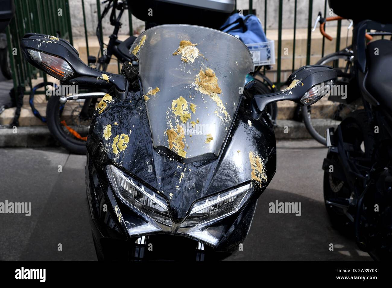 Pigeon droppings on a motorbike, Paris, France Stock Photo