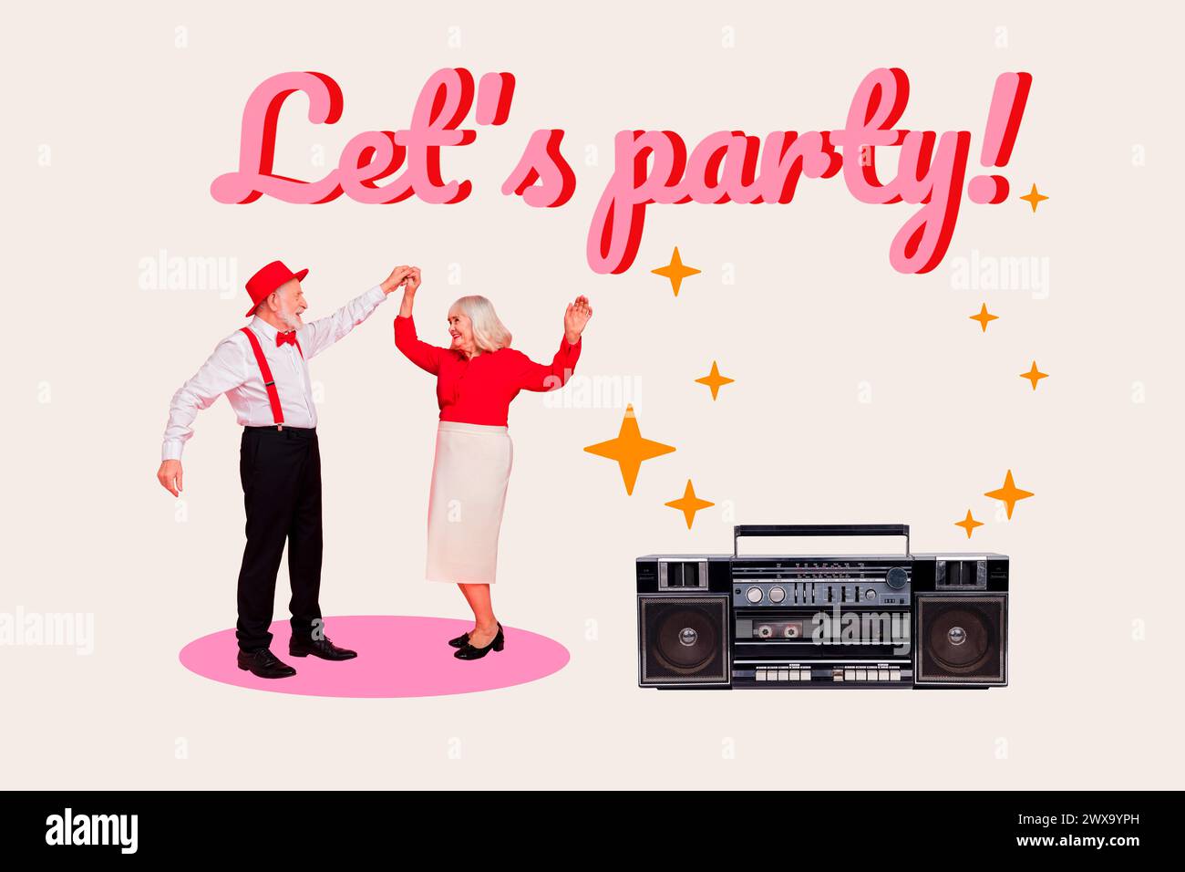 Creative collage picture two pensioners spouse dancing music boombox party celebration audio stereo player vintage stylish outfit Stock Photo